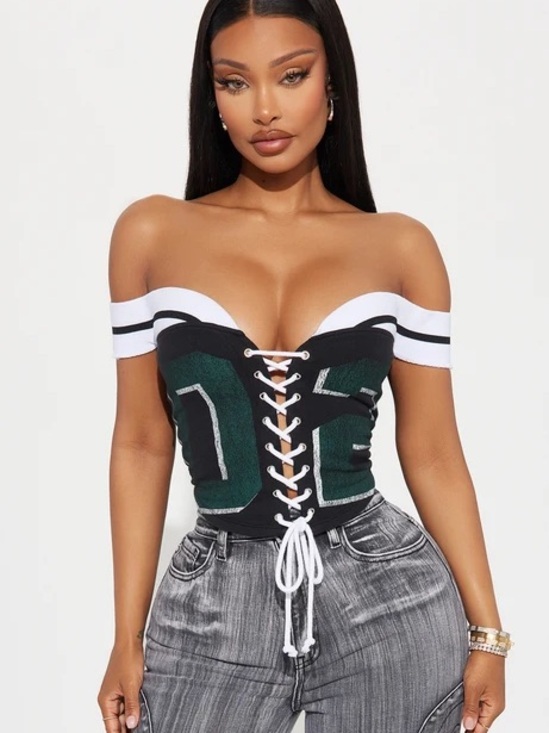 goodie two sleeves Tops - Off-Shoulder Lace-Up Crop Top with Green Panel Accents